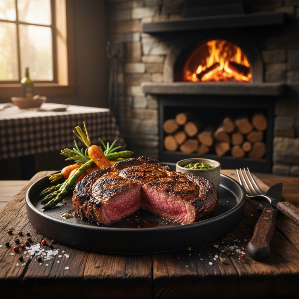 Beautifully plated wood-fired steak with roasted vegetables at Ember and Oak
