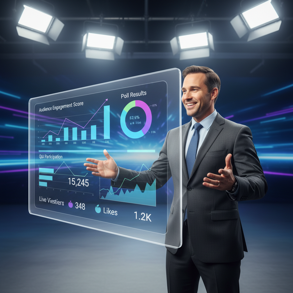 Professional presenter conducting live webinar with audience engagement metrics visible on screen