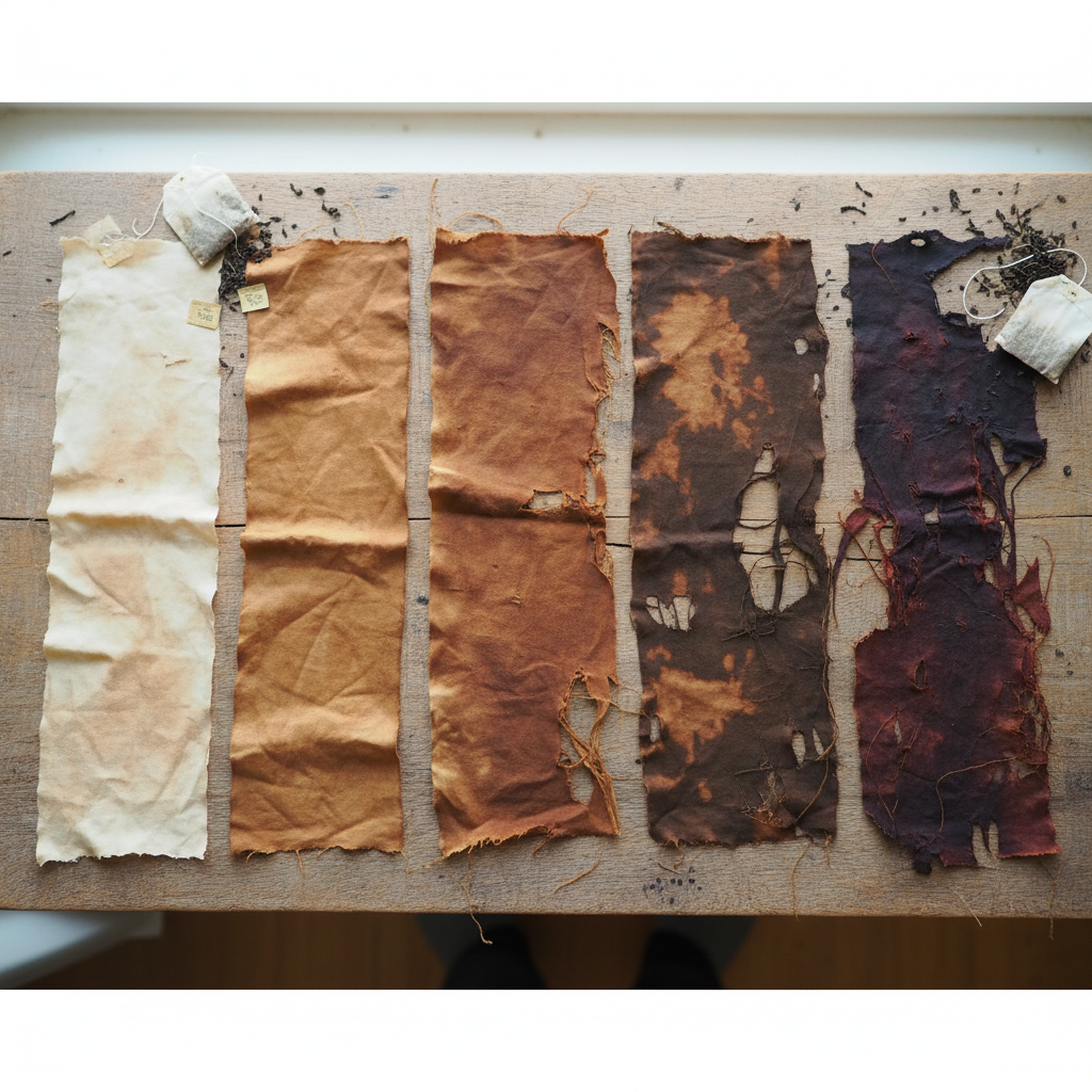 Tea-bath aged silk fabric swatches showing gradient of distressing for period accuracy