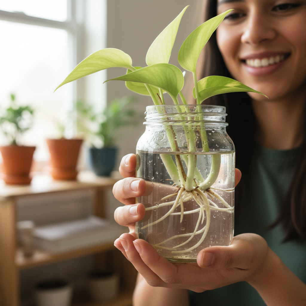Plant parent showing off new pothos propagation in glass jar