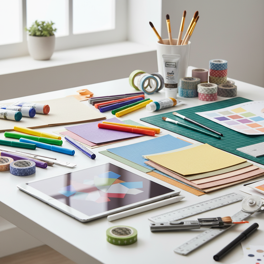 Colorful graphic design portfolio pieces spread on a white table with design tools