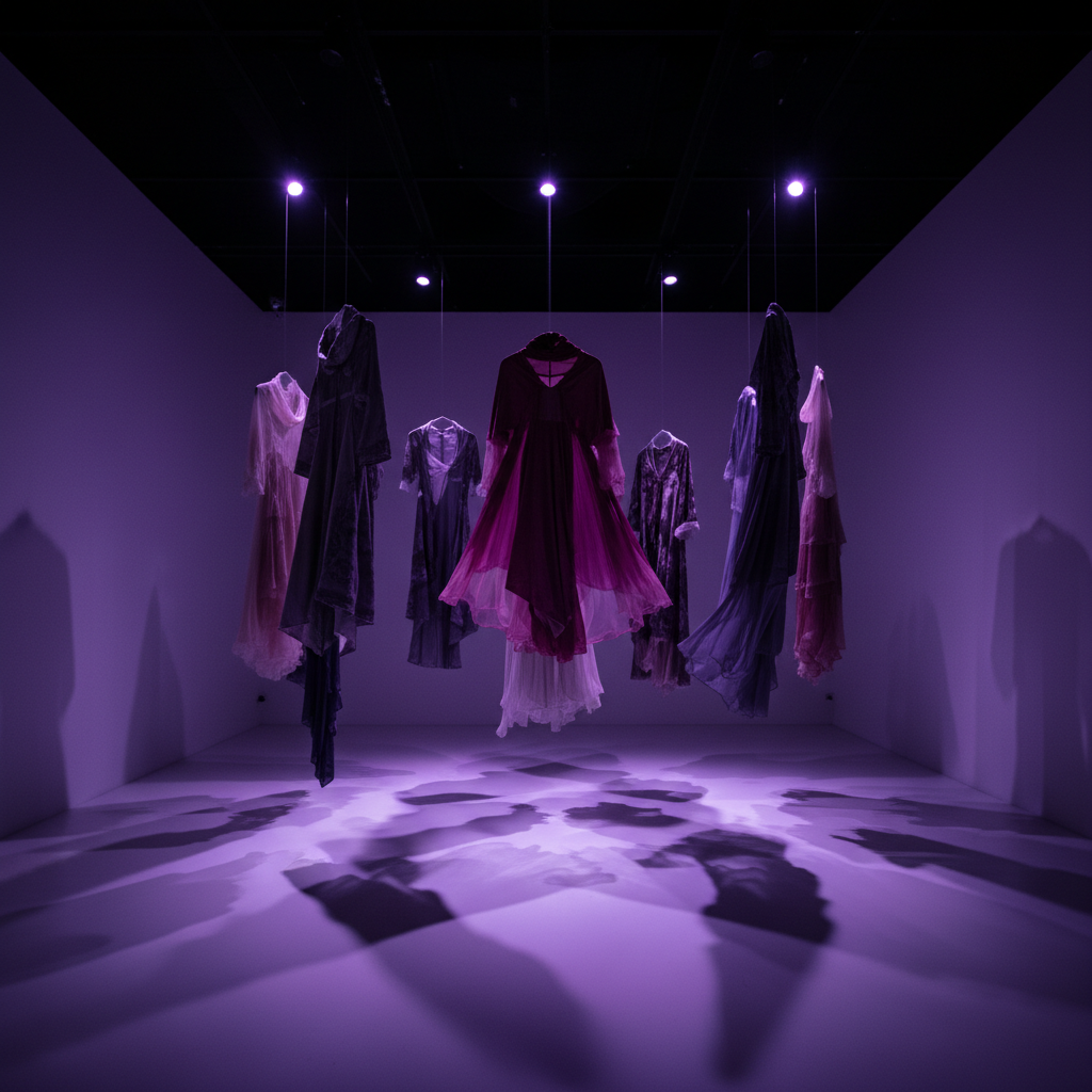 Contemporary art installation with colorful suspended elements, gallery white walls, dramatic spotlight, deep shadows