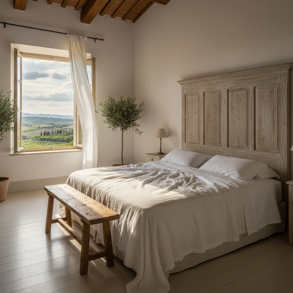 Dormitorio master con cabecero de mármol travertino, ropa de cama en lino blanco, luz natural desde ventana lateral, atmósfera serena y lujosa
