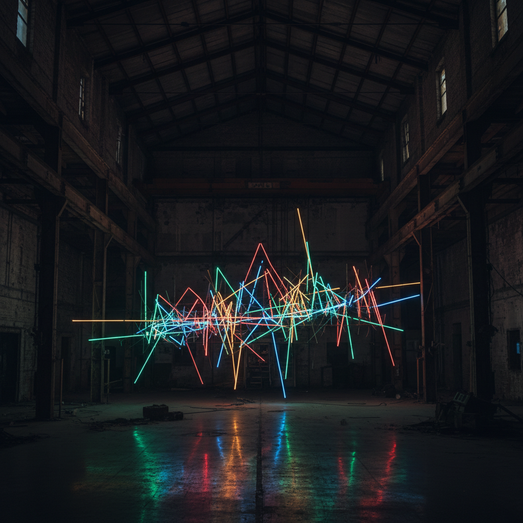 Neon light installation art in dark warehouse