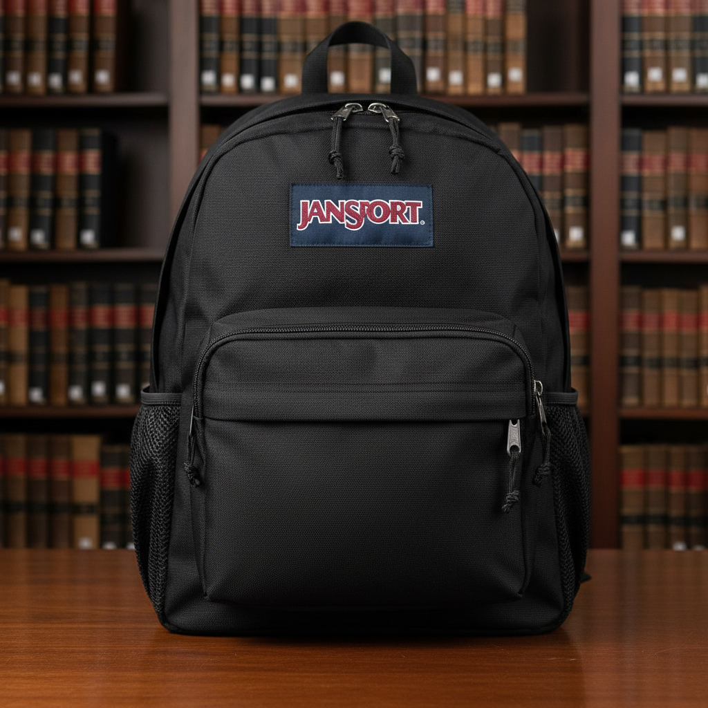 Black Jansport backpack on a park bench with textbooks visible