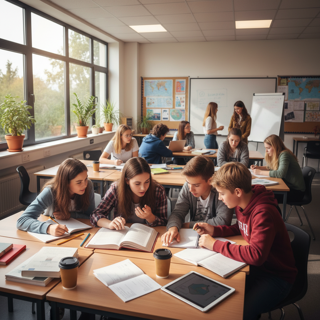 Students engaged in collaborative learning in bright classroom