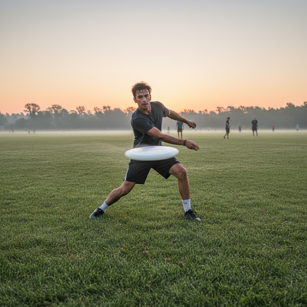Ultimate frisbee player making a backhand throw on a grass field at dawn
