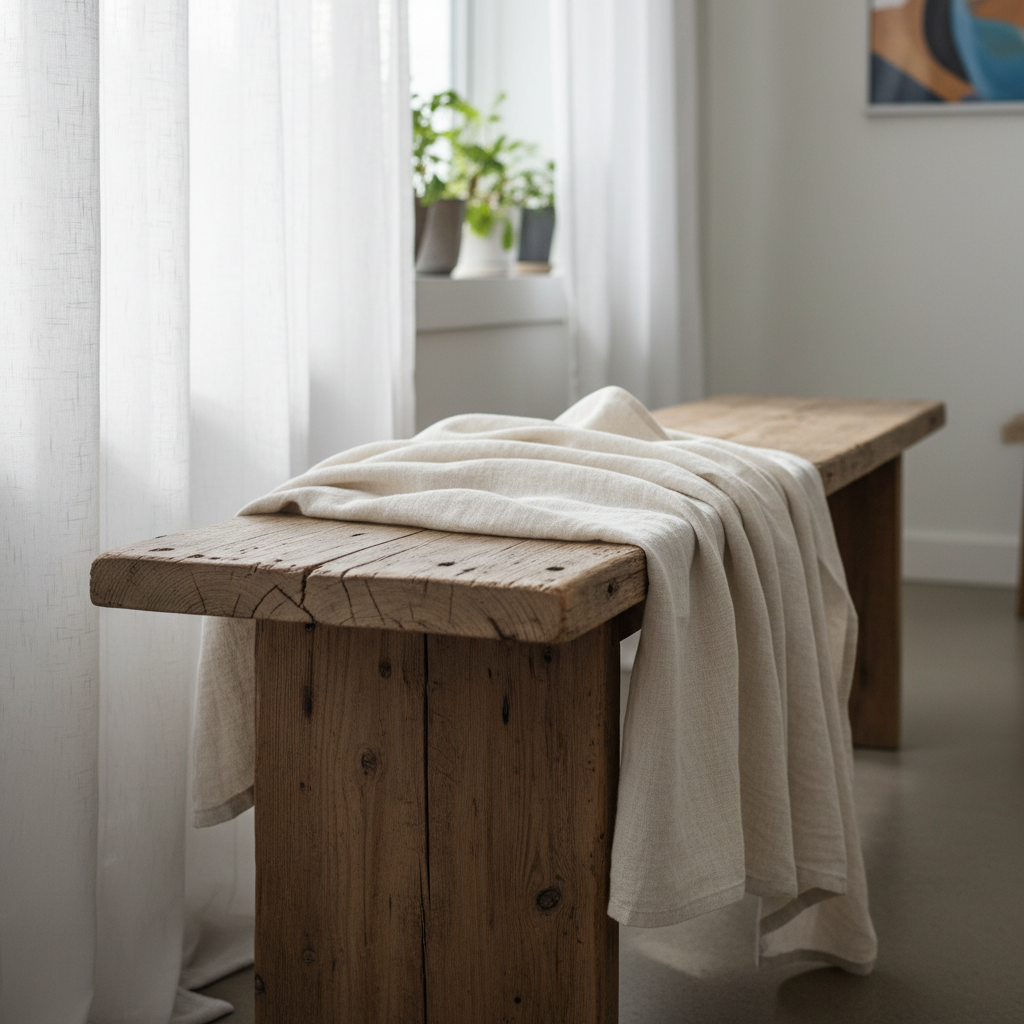Organic linen throw draped over a reclaimed wood bench with natural light filtering through sheer curtains