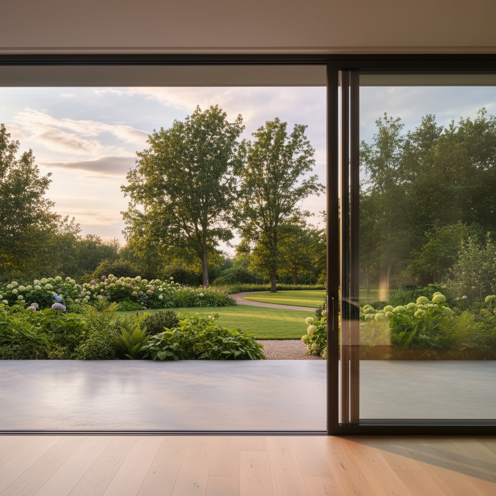 Single sliding glass panel open onto a patio, slim steel frame catching afternoon light, clean sightline to garden beyond
