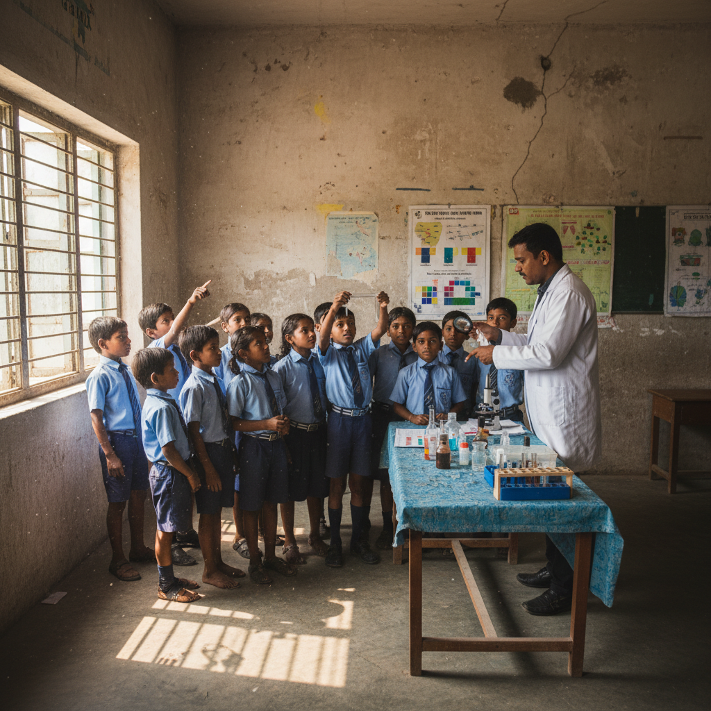 Rural primary school in Kondapalli with children sitting outside in morning assembly