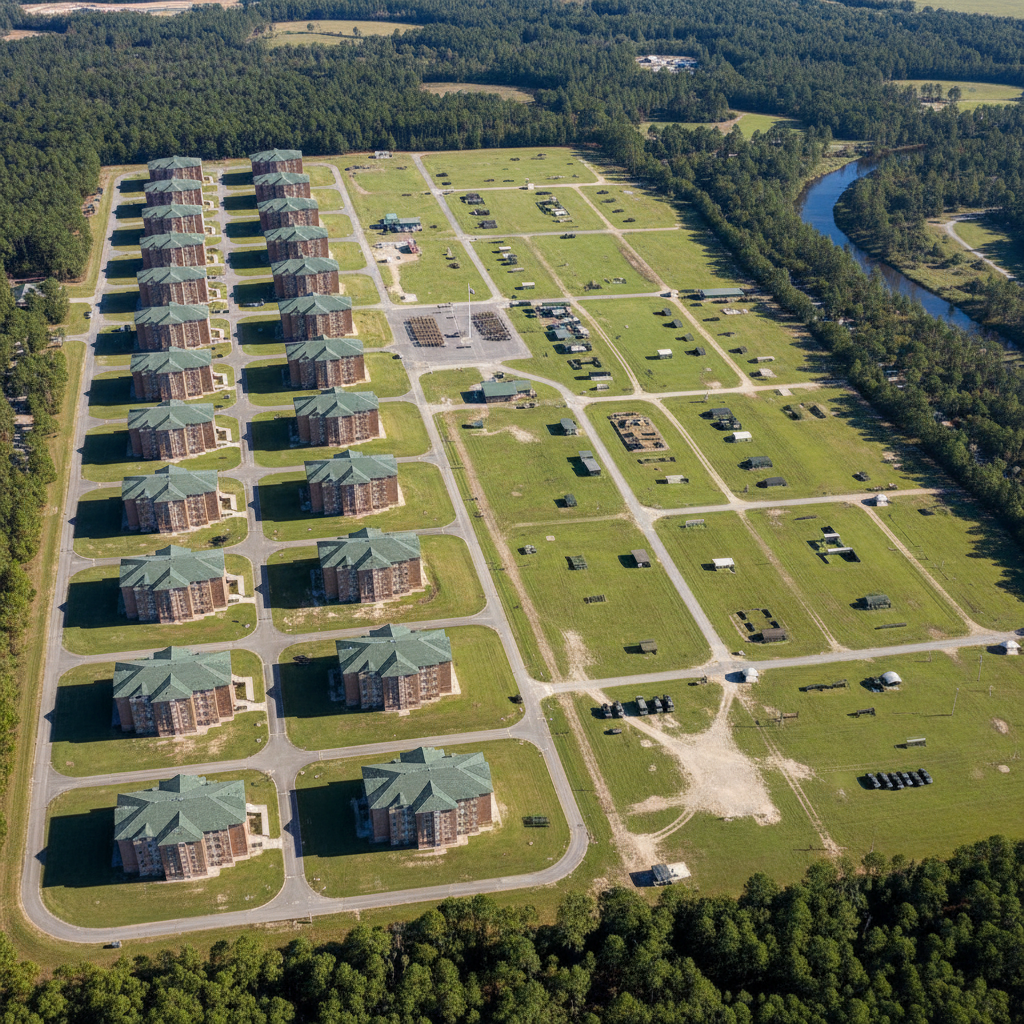 Aerial view of Fort Bragg military installation with rows of barracks buildings and training fields