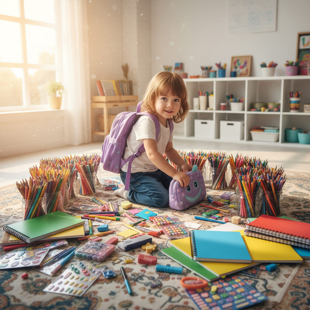 Kid with backpack surrounded by colorful stationery supplies