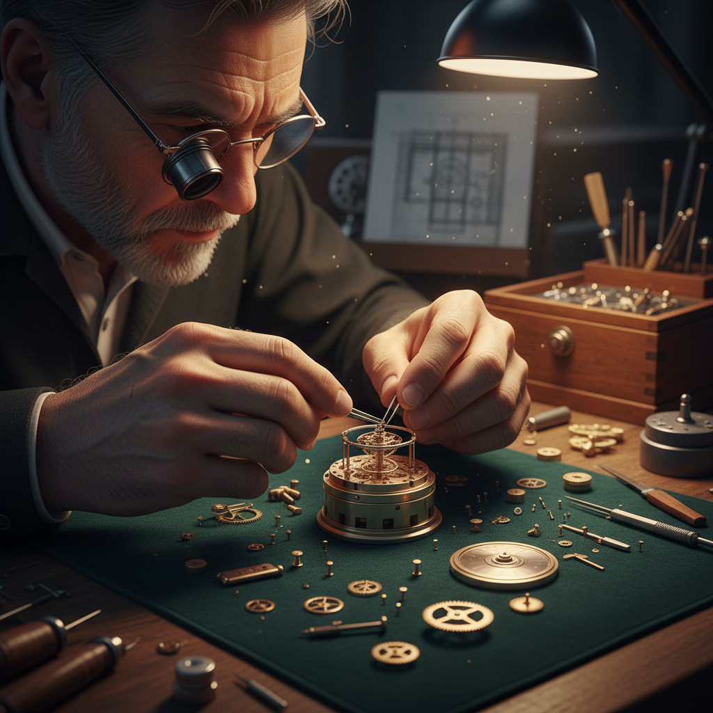 Master watchmaker hands assembling a movement, dim workshop lighting, deep shadows, precision tools on dark workbench