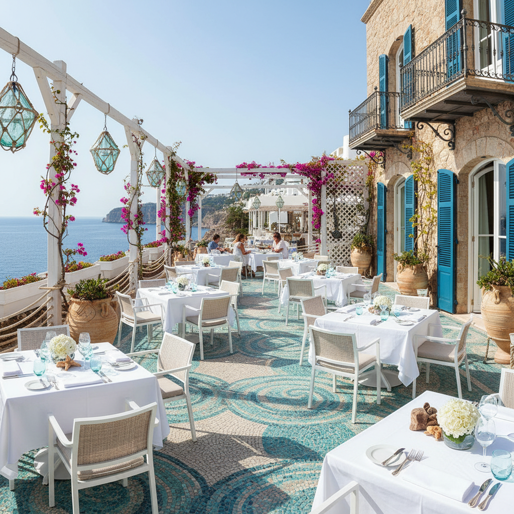 Mediterranean fine dining restaurant terrace, deep blue sea view, dark interior, dramatic lighting