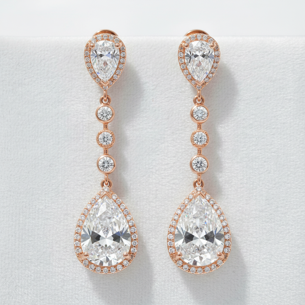 Custom diamond drop earrings in rose gold with pear shaped diamonds — DETARA bespoke