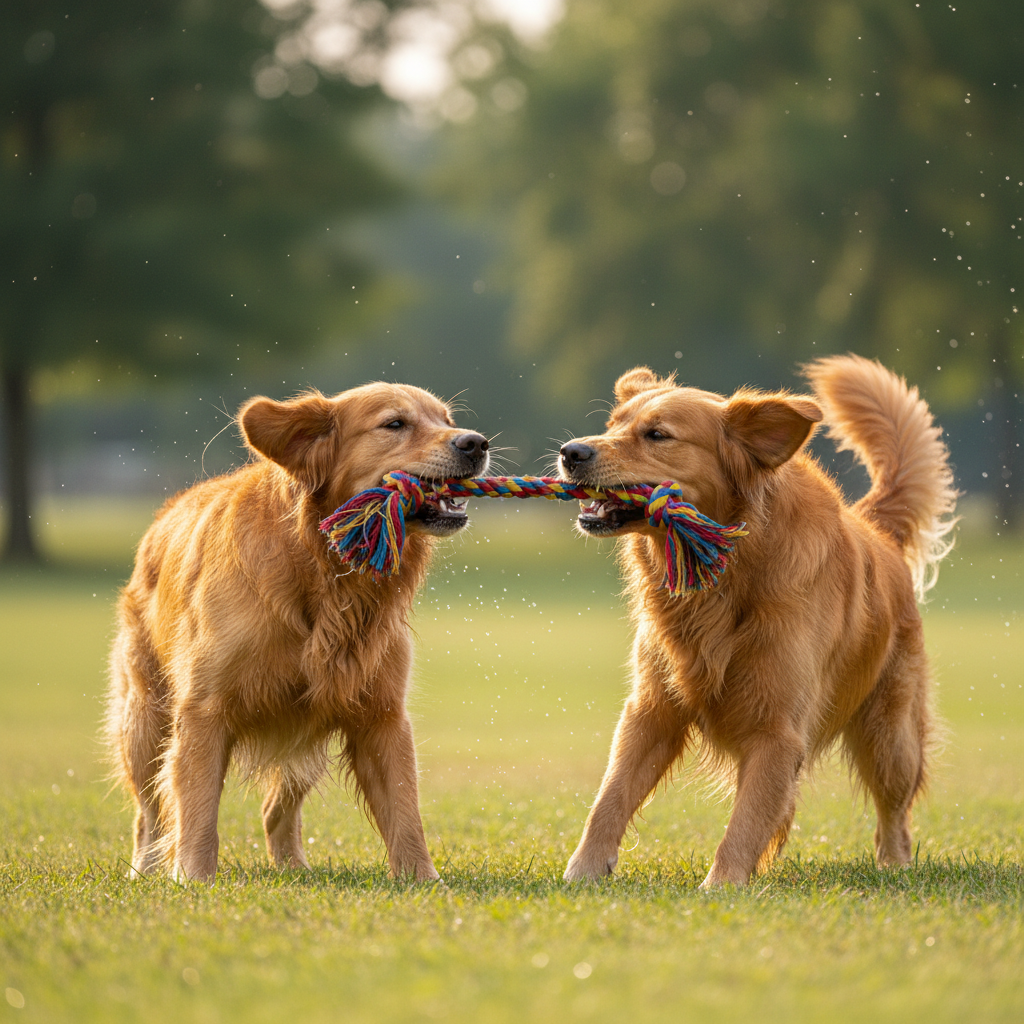 Energetic labrador dog playing with a colorful rope tug toy on a grassy lawn, sunny day