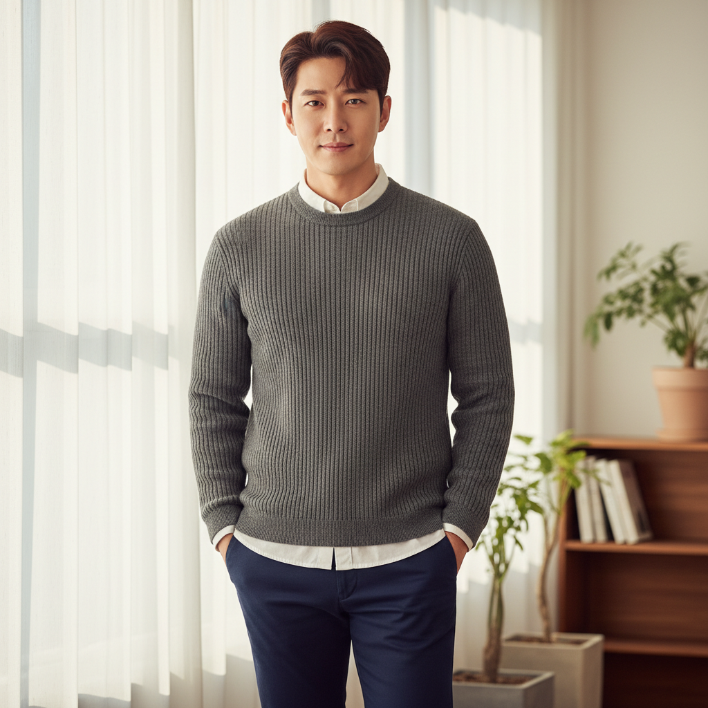 Korean man in business casual attire with short black hair in modern office