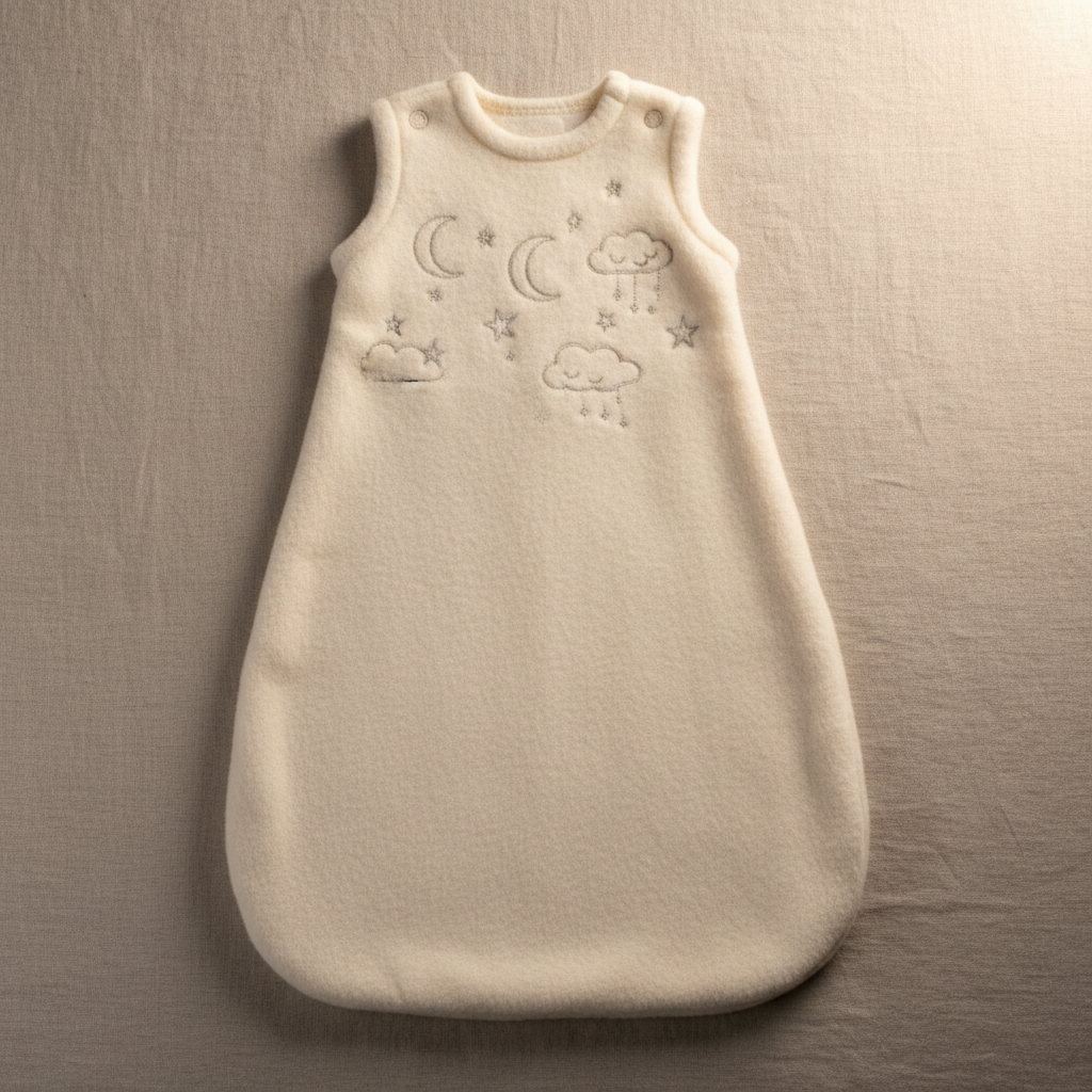 Soft ivory cashmere sleep sack with embroidered detail, glowing in warm light