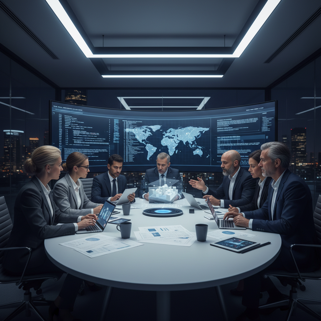 Business mission visualization, professional consulting environment, dark atmospheric background