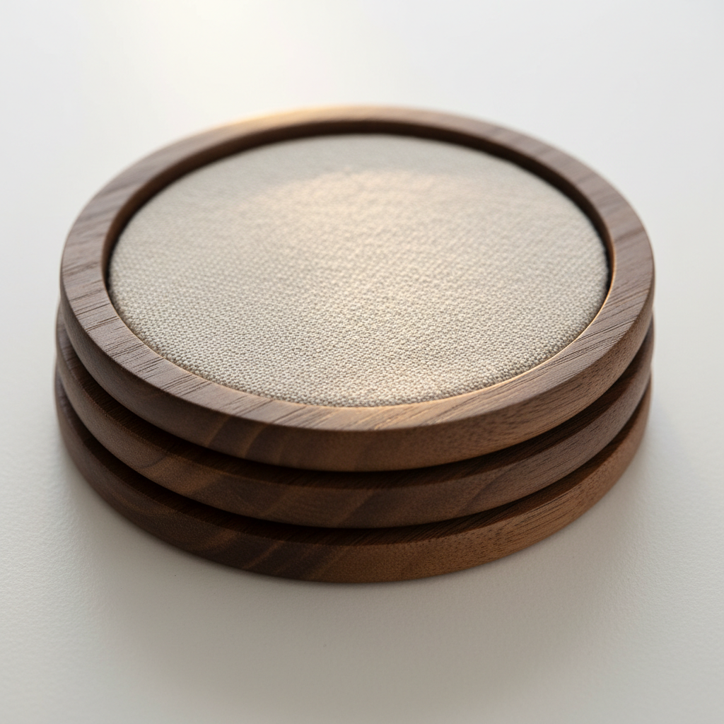 Walnut coaster rounds with linen inset on white surface, warm wood grain detail