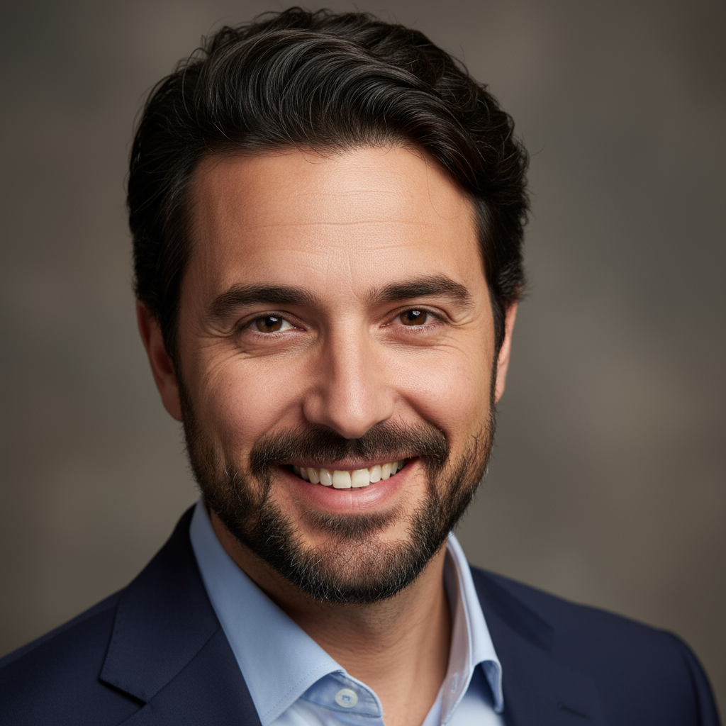 Uomo italiano adulto con capelli scuri, sorriso genuino, sfondo neutro
