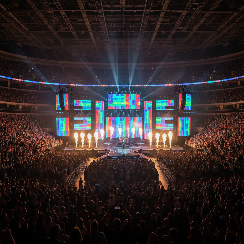 Large-scale stage production with dramatic lighting and LED screens in dark arena, cinematic atmosphere