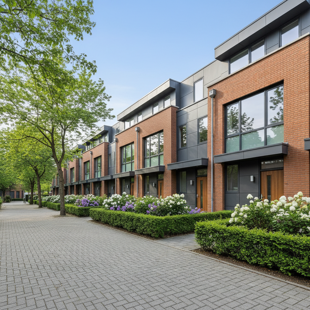 Modern brick townhouse with manicured front lawn in a sunny neighborhood