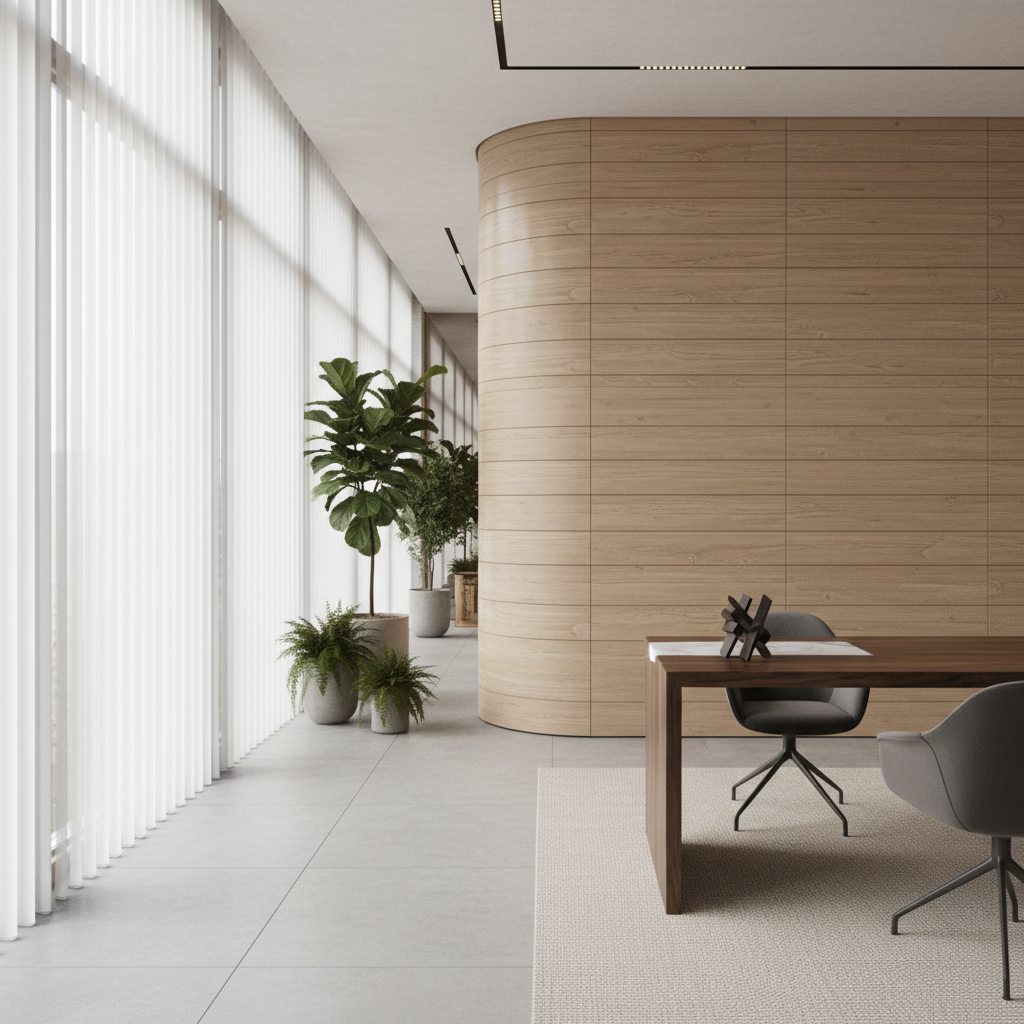 Modern office interior with minimal design, dark walls and wooden accents