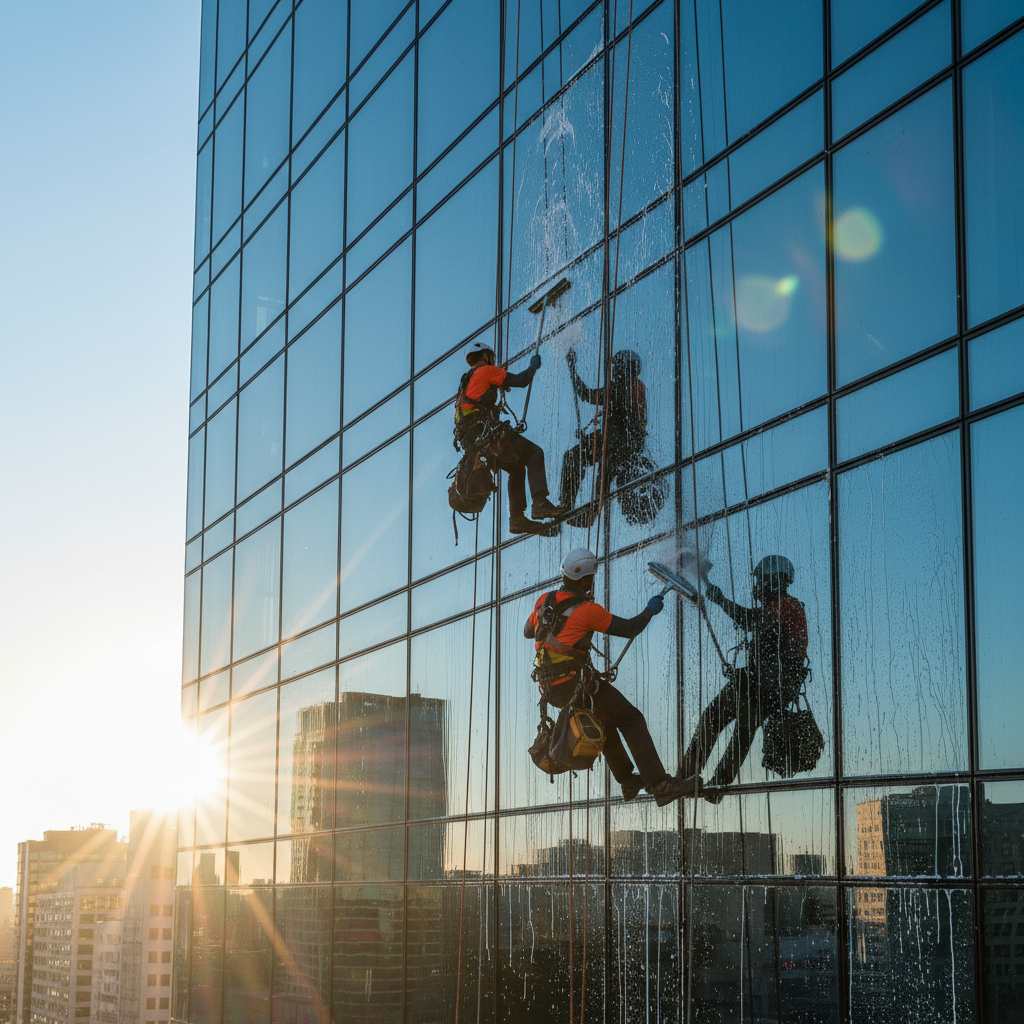 Professional window cleaner using squeegee on large glass windows of a bright house, clear reflections, sunny day