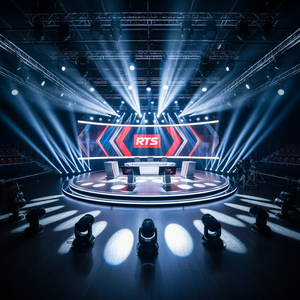 Television studio set with Bloomberg logo and professional lighting for executive interview