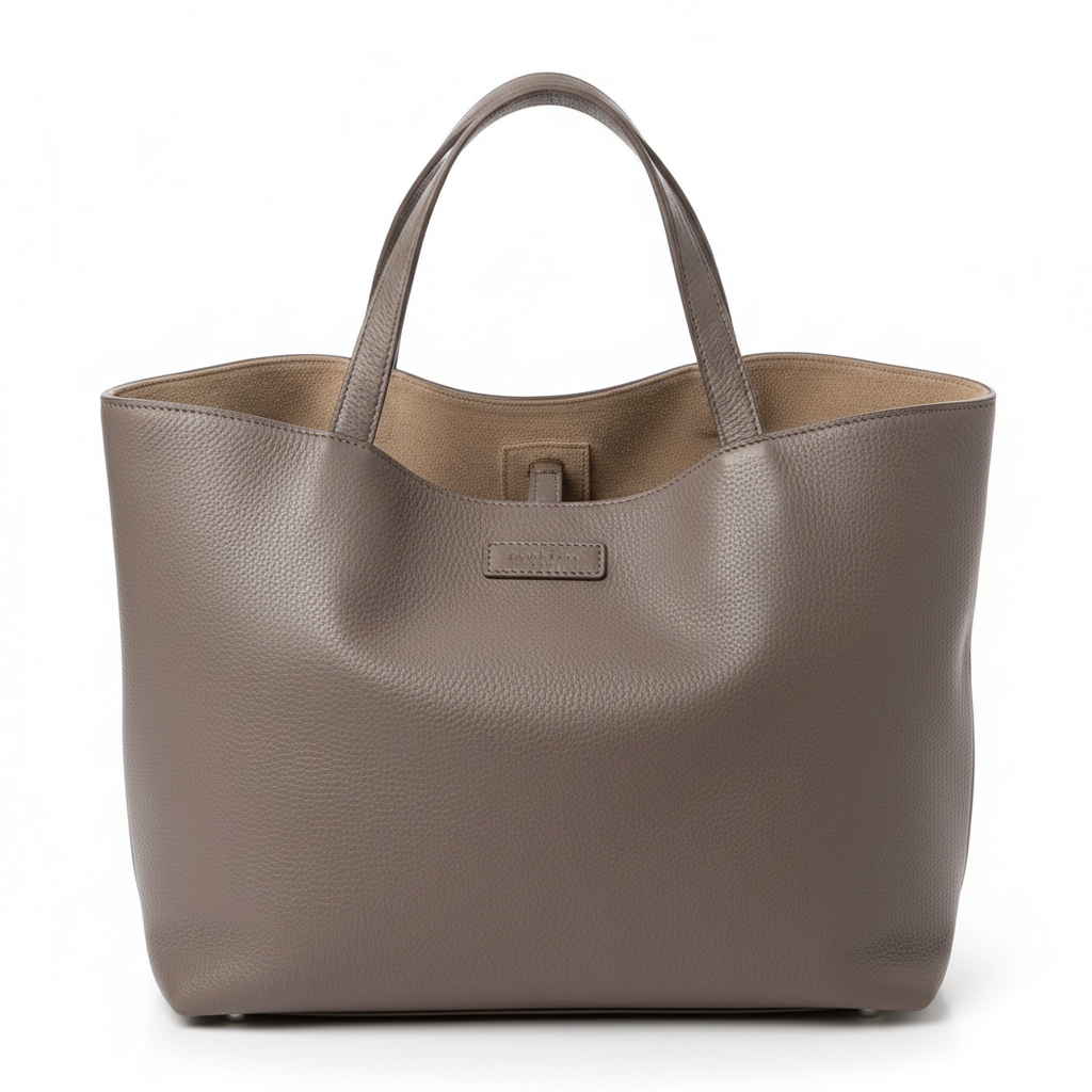 Tan leather tote bag on neutral background, fashion product photography