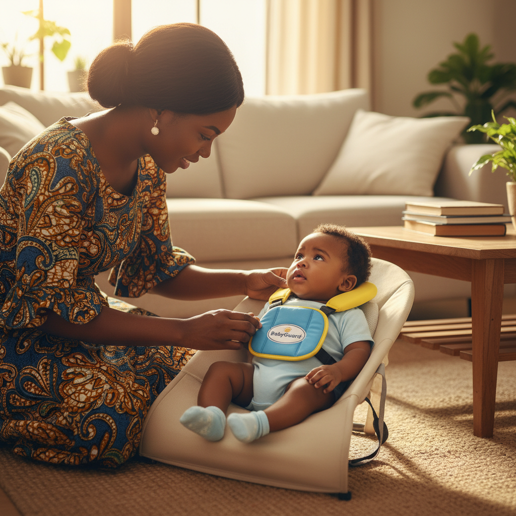Nigerian mother sliding BabyGuard backpack onto baby in warm home, step by step