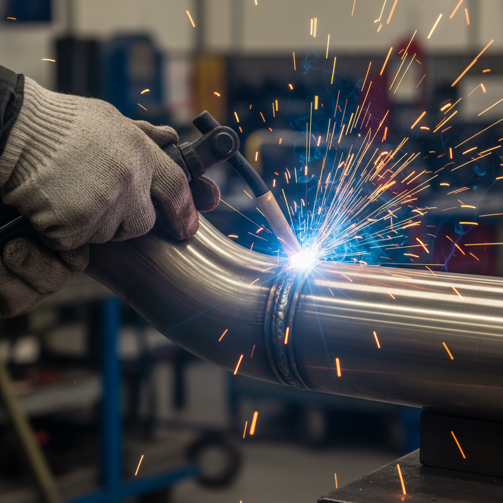 Technician TIG-welding turbo-back exhaust section with sparks visible