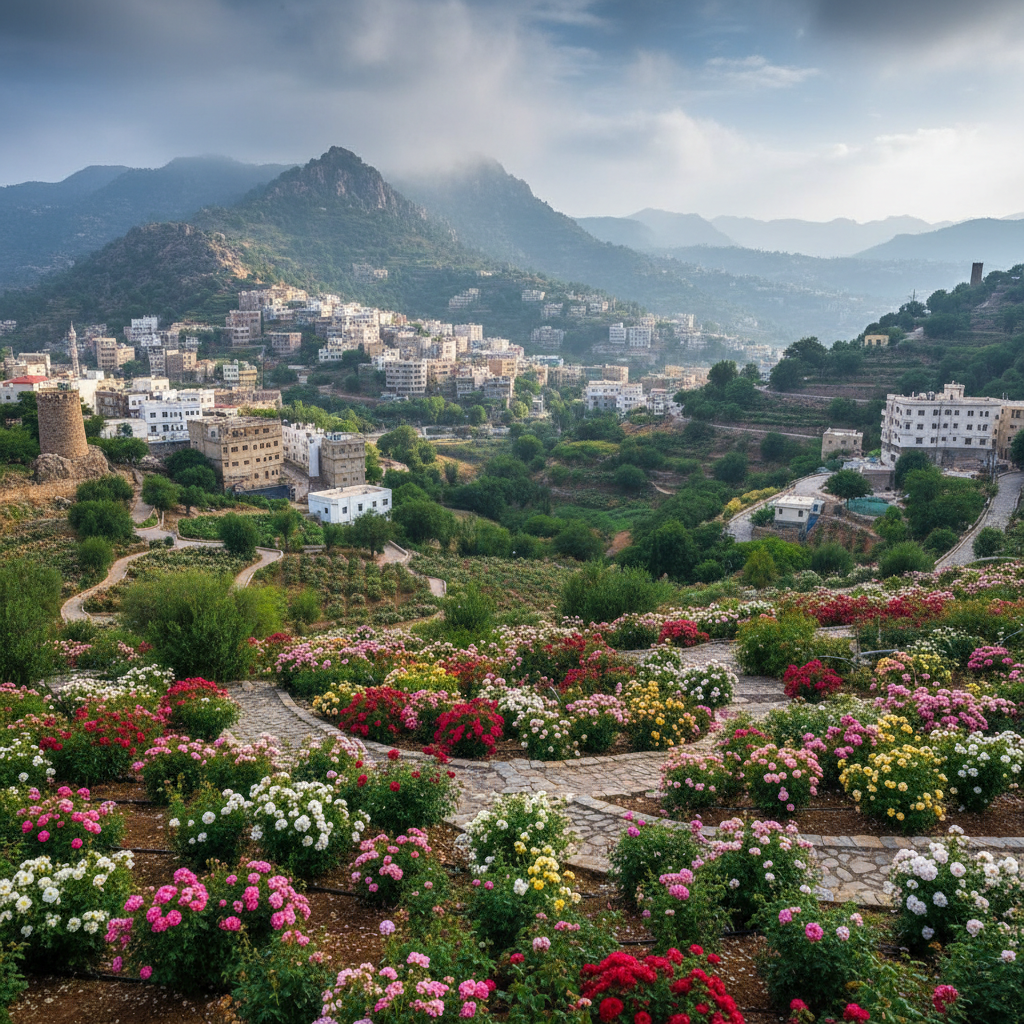 Rose garden in Taif with blooming pink roses, lush green foliage, soft morning light, misty mountain backdrop