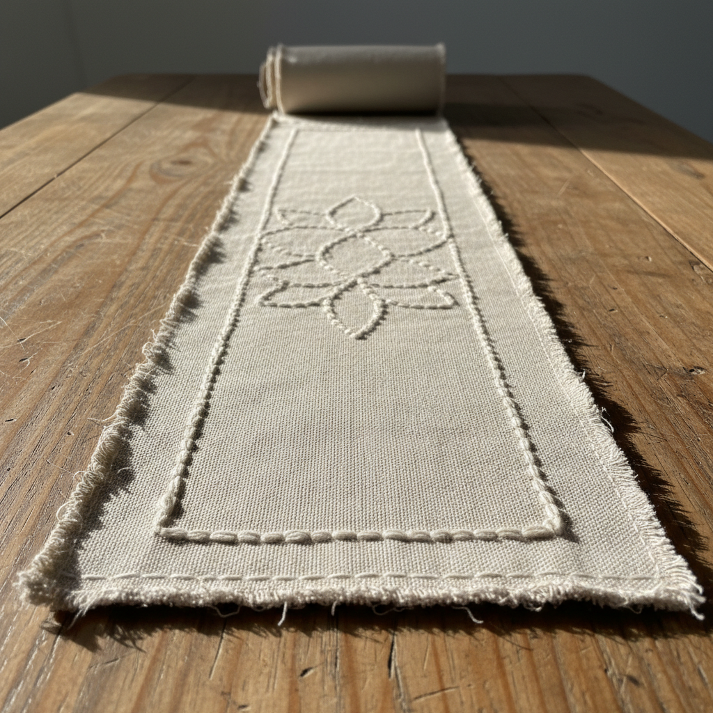 Linen table runner in natural beige with frayed edges on wooden table