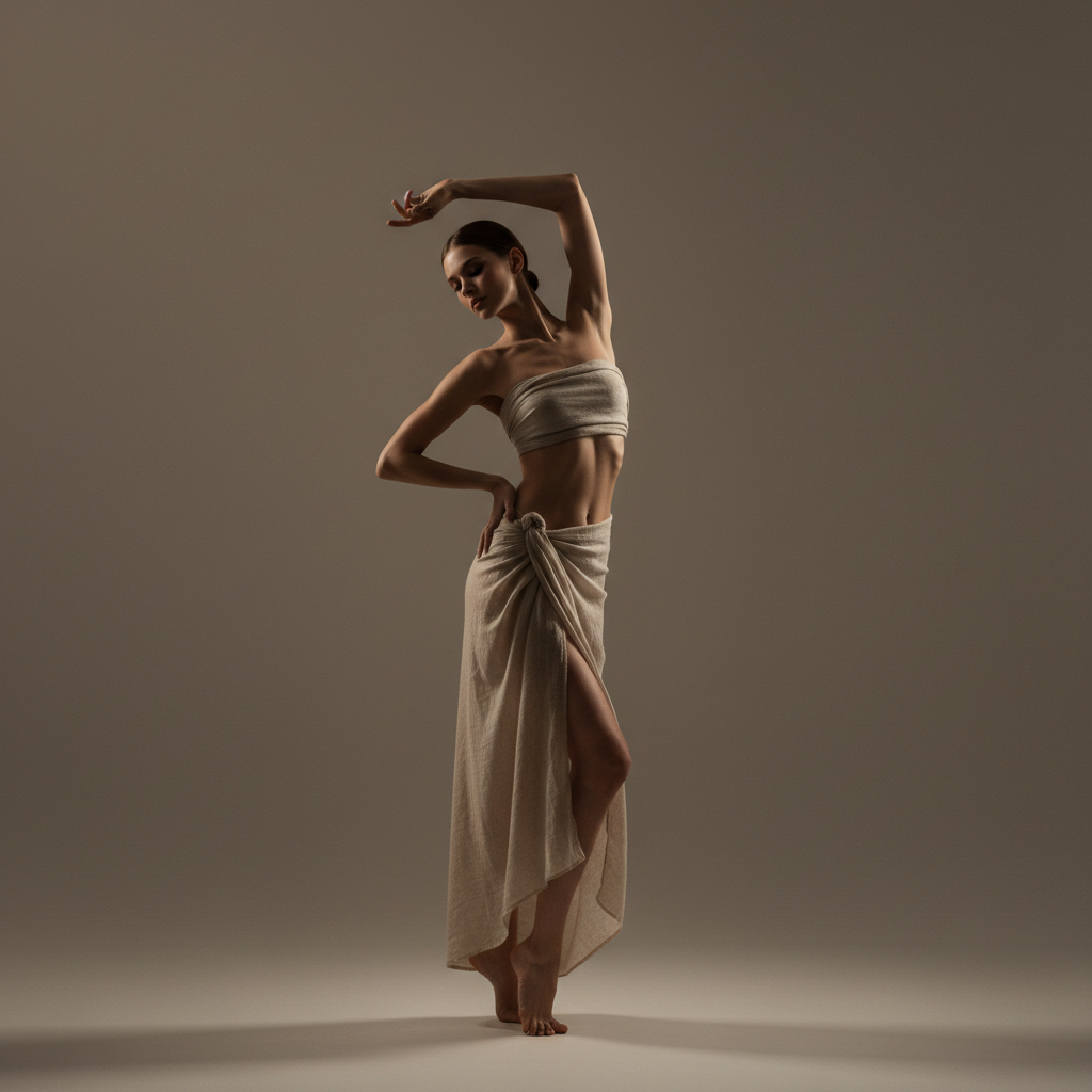 Female model in fashion pose, neutral studio background, professional lighting, elegant stance