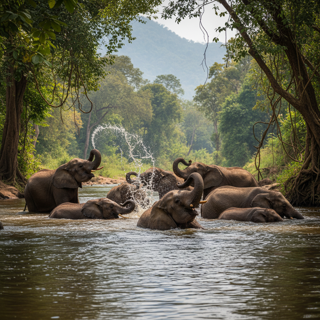 Elephants bathing in river at Pinnawala Elephant Orphanage Kegalle Sri Lanka, green jungle backdrop