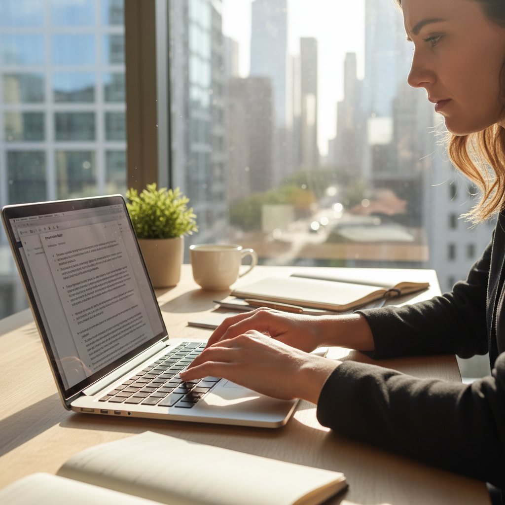 Laptop with content writing workspace in bright modern office with natural light