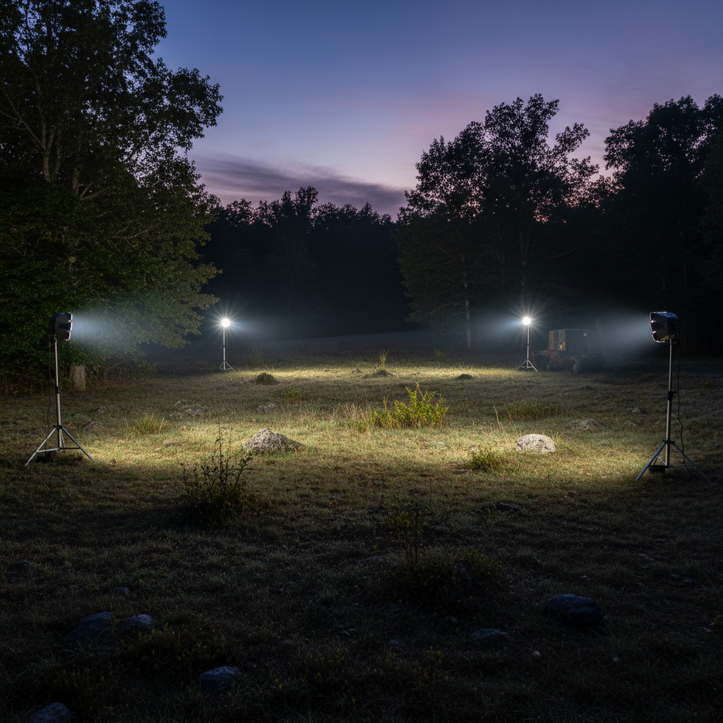 Dark military operation terrain — night mission landscape, harsh tactical lighting, deep shadows, cinematic war thriller atmosphere