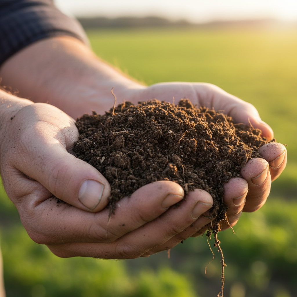 Farmer examining soil in hands, close-up of rich dark earth, warm natural light