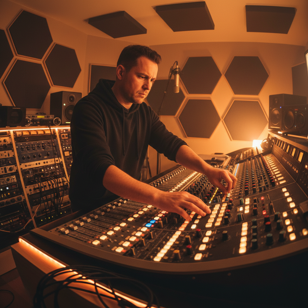 Musician in recording studio with warm amber lighting, focused on composition