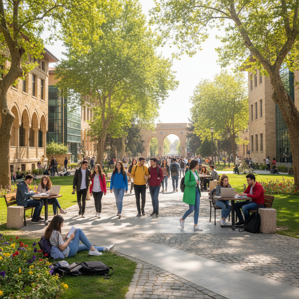 Students walking and talking on sunny university campus pathway lined with trees and historic buildings