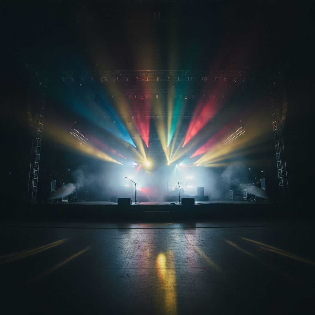 Dark concert venue with dramatic spotlights and atmospheric stage fog