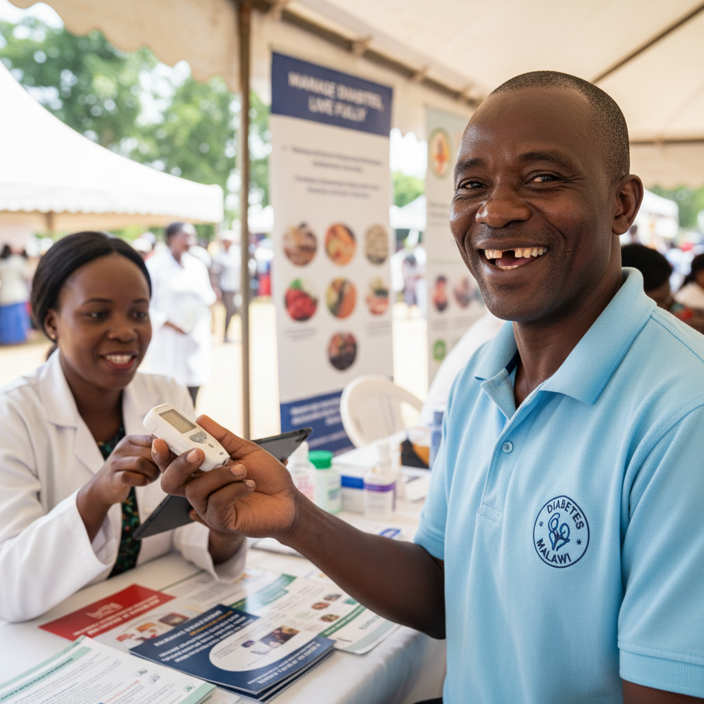 Malawian man Samuel smiling warmly, diabetes management program beneficiary of JJHF healthcare outreach