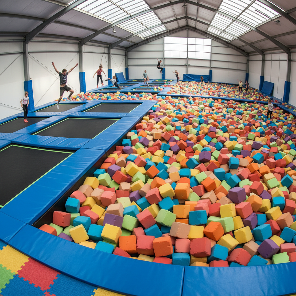 Large trampoline arena with foam pits and jumping surfaces