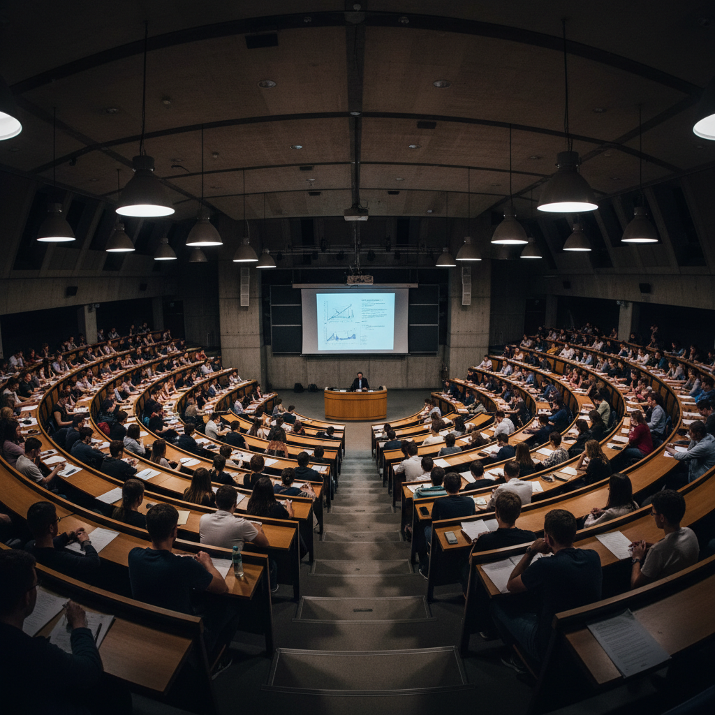 University lecture hall with students, dim atmospheric lighting, deep shadows, dark navy overlay, academic environment