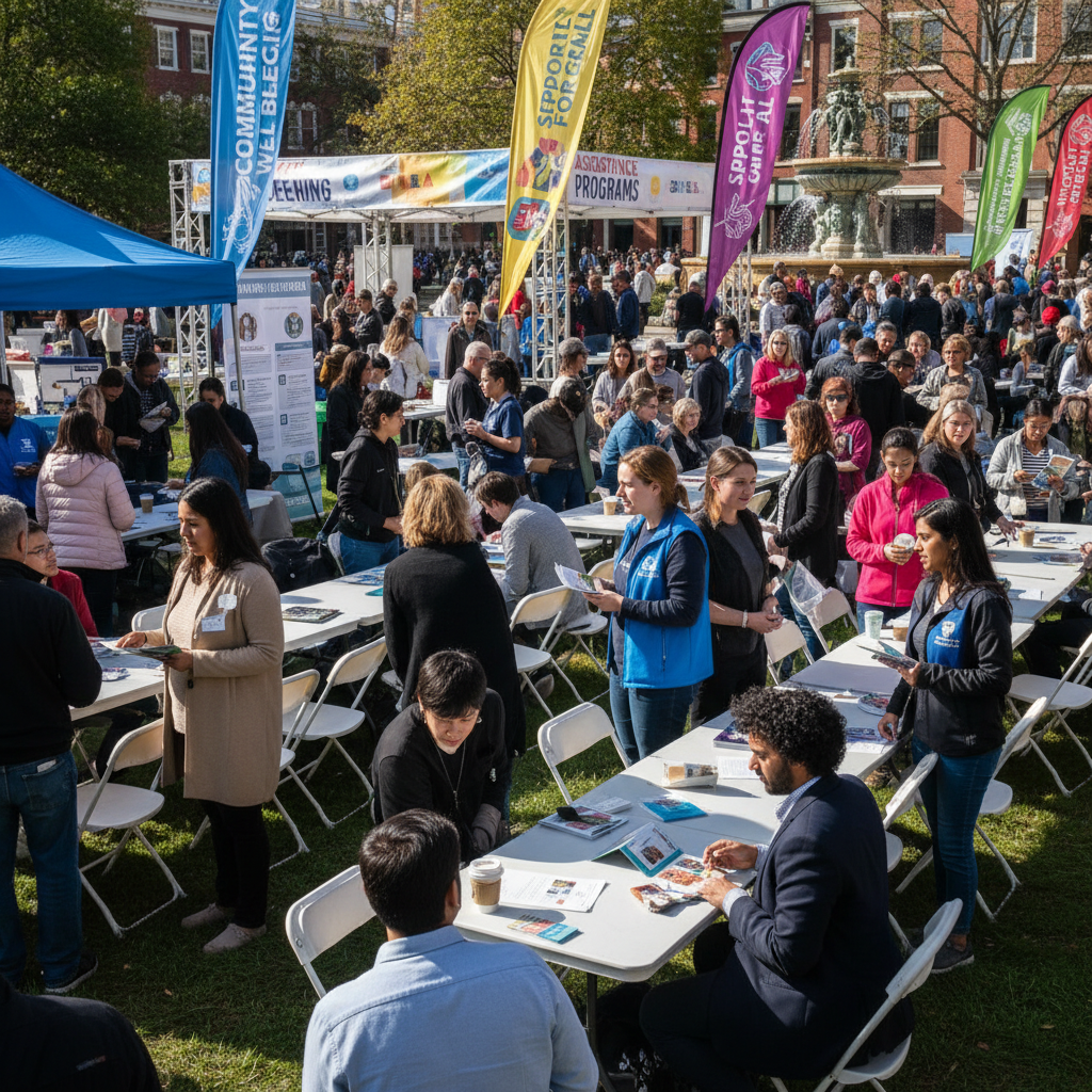 Outdoor community gathering with tables of food, people laughing and talking, sunny day, festive atmosphere, green lawn