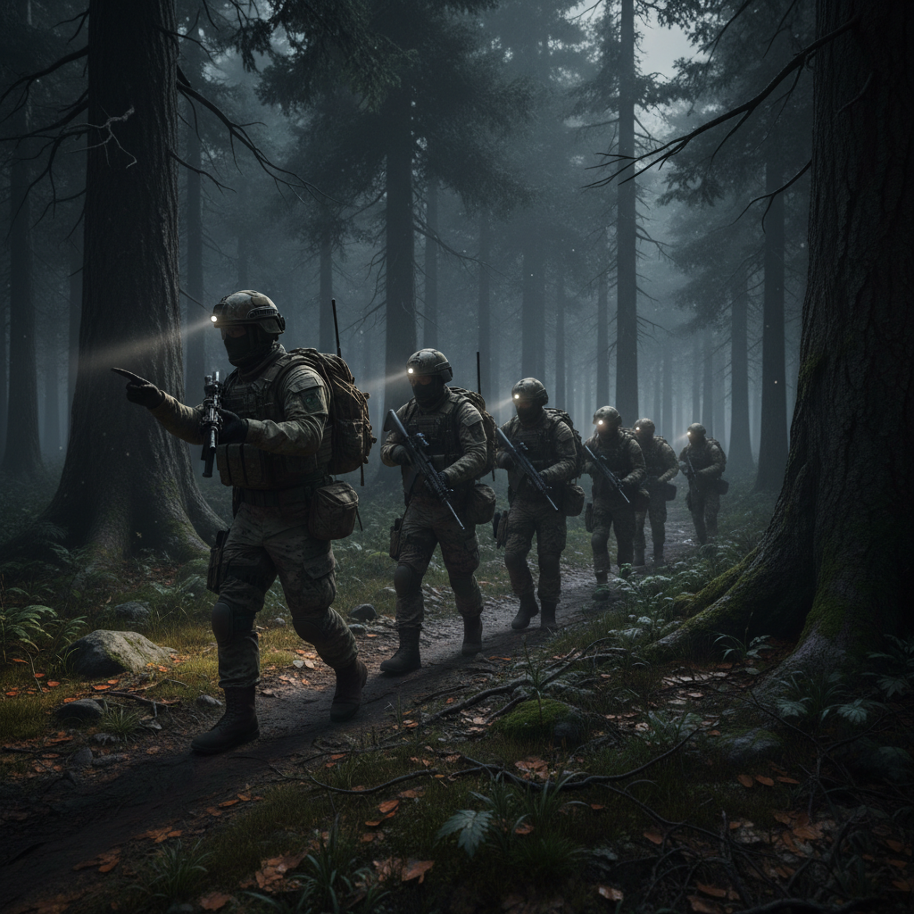Large scale milsim operation with multiple operators in formation in forest terrain, dramatic low light atmosphere