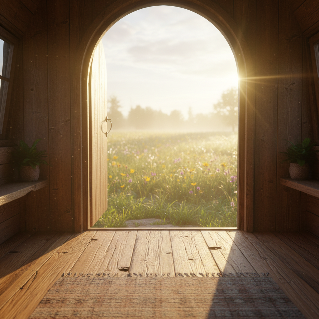 View through an open tiny house door onto a soft-focus meadow in morning light, with plank floors and warm sunlight flooding in