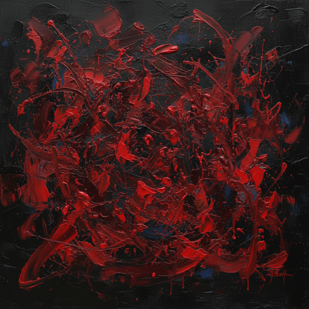 Abstract expressionist painting with vibrant orange and crimson strokes on dark canvas